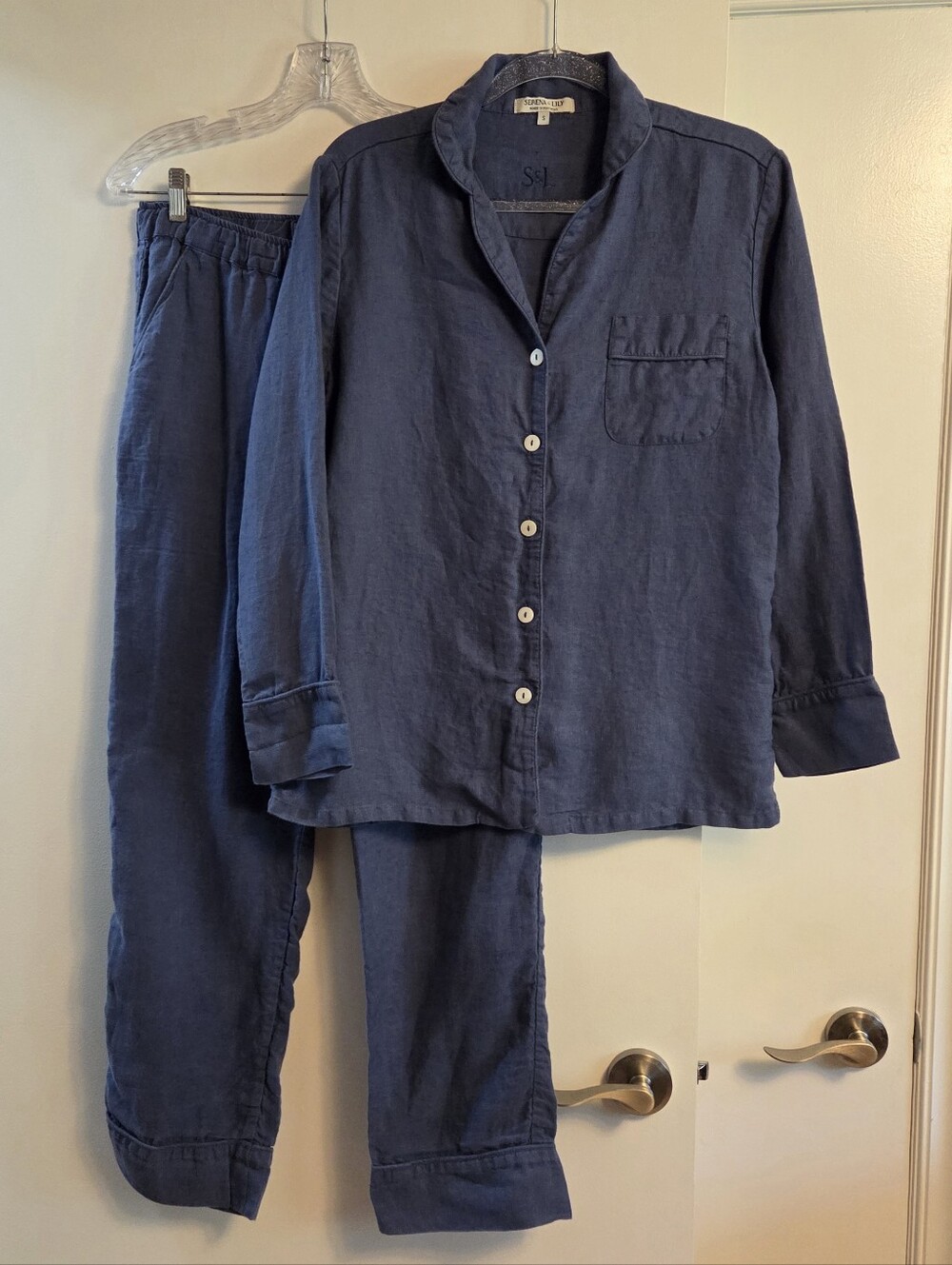 SERENA & LILY Postiano 100% Linen Pajama Set Blue Small